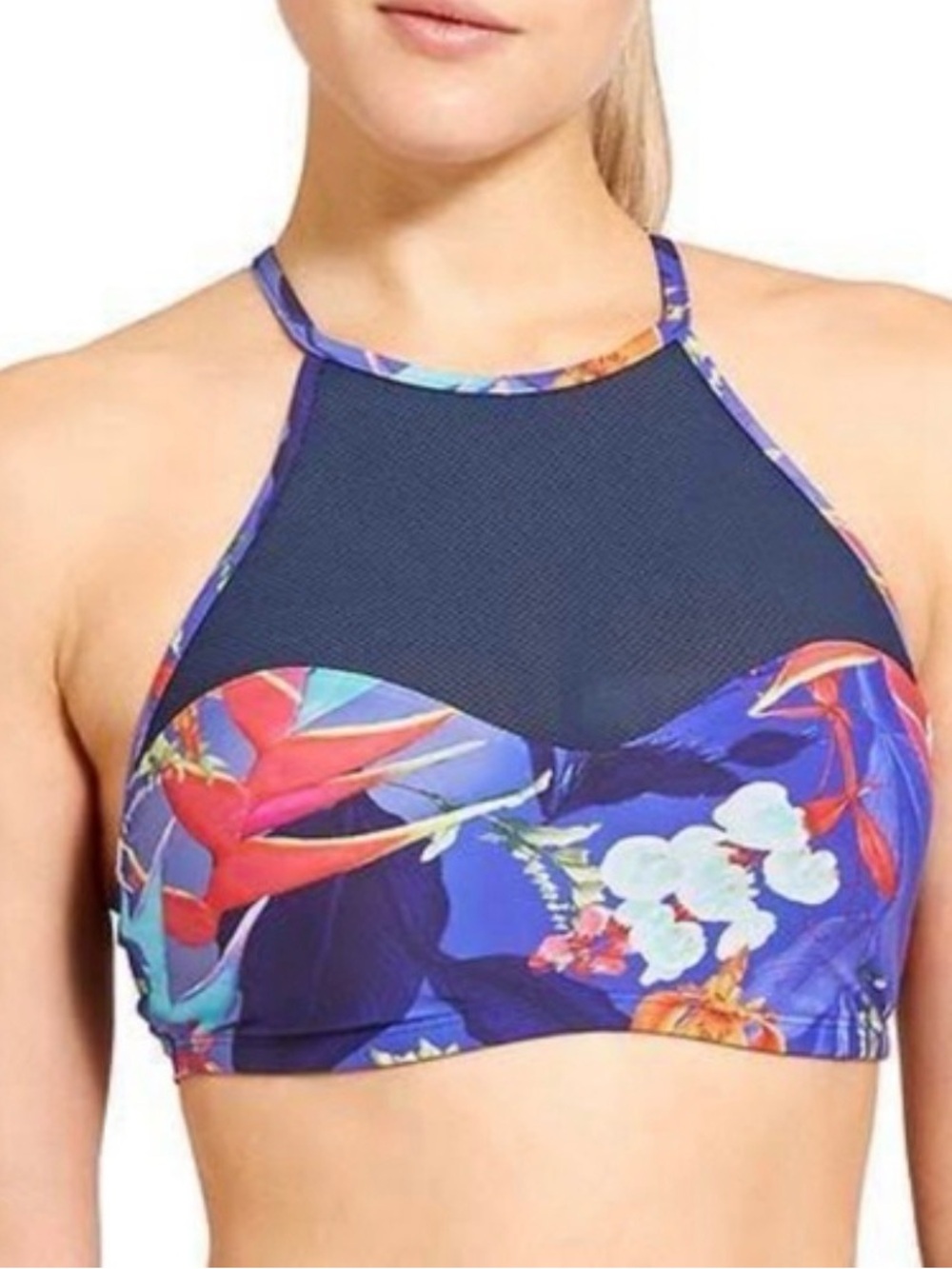 Athleta Floral High-Neck Bikini Top in Navy and Multicolor